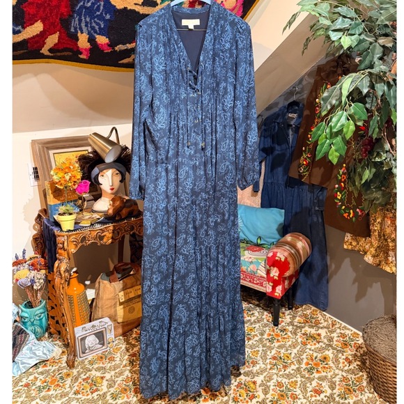 MICHAEL Michael Kors Dresses & Skirts - Michael Kors Navy Blue Paisley Tiered Lace Up Boho Cottage Maxi Dress Size M